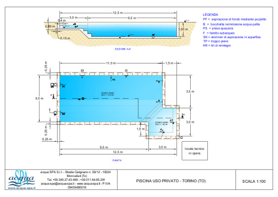 piscina interrata isoblok, forma classica, con area solarium in legno ricostruito di teck, skimmer sfioratore, Acqua SPA®